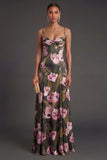 Olive A Line Floral Spaghetti Straps Backless Sleeveless Long Formal Dress