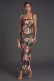 Olive Floral Sheath Thick Straps Sleeveless Long Formal Dress