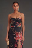 Black Floral Spaghetti Straps A Line Long Formal Dress with Slit