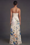 Black Floral Spaghetti Straps A Line Long Formal Dress with Slit