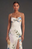Black Floral Spaghetti Straps A Line Long Formal Dress with Slit