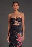 Black Floral Sheath Sweetheart Cut Out Long Formal Dress