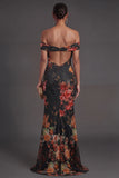 Black Off the Shoulder Backless Sheath Floral Long Formal Dress