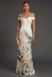 Ivory Mermaid Floral Off the Shoulder Sleeveless Long Formal Dress