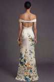 Ivory Mermaid Floral Off the Shoulder Sleeveless Long Formal Dress