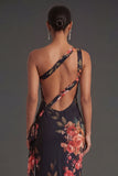 Black Floral Sheath One Shoulder Sleeveless Backless Long Formal Dress