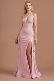 Sparkly Beaded Pink Mermaid Spaghetti Straps Long Prom Dress with Slit
