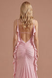 Sparkly Beaded Pink Mermaid Spaghetti Straps Long Prom Dress with Slit