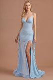 Sparkly Beaded Pink Mermaid Spaghetti Straps Long Prom Dress with Slit