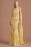 Yellow Floral One Shoulder Sheath Appliqued Long Prom Dress with Cape