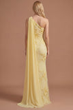 Yellow Floral One Shoulder Sheath Appliqued Long Prom Dress with Cape