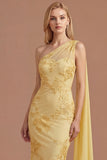 Yellow Floral One Shoulder Sheath Appliqued Long Prom Dress with Cape