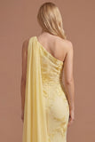 Yellow Floral One Shoulder Sheath Appliqued Long Prom Dress with Cape