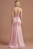 Pink Corset Spaghetti Straps Floral Spaghetti Straps Long Prom Dress with Slit