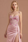 Pink Corset Spaghetti Straps Floral Spaghetti Straps Long Prom Dress with Slit