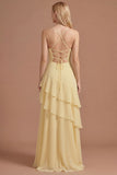 Yellow A Line Spaghetti Straps Tiered Backless Long Prom Dress