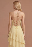 Yellow A Line Spaghetti Straps Tiered Backless Long Prom Dress
