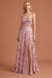Blush Floral Appliqued A Line Sweetheart Long Prom Dress with Slit