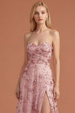 Blush Floral Appliqued A Line Sweetheart Long Prom Dress with Slit
