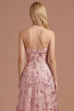 Blush Floral Appliqued A Line Sweetheart Long Prom Dress with Slit