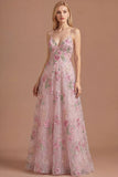 Floral Pink Appliqued A Line Spaghetti Straps Long Prom Dress