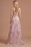 Floral Pink Appliqued A Line Spaghetti Straps Long Prom Dress