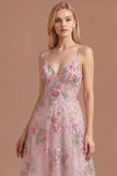 Floral Pink Appliqued A Line Spaghetti Straps Long Prom Dress