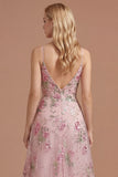 Floral Pink Appliqued A Line Spaghetti Straps Long Prom Dress