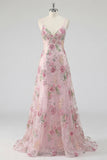 Floral Pink Appliqued A Line Spaghetti Straps Long Prom Dress