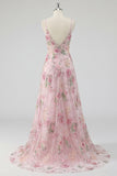 Floral Pink Appliqued A Line Spaghetti Straps Long Prom Dress