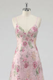 Floral Pink Appliqued A Line Spaghetti Straps Long Prom Dress
