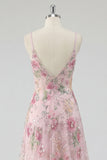 Floral Pink Appliqued A Line Spaghetti Straps Long Prom Dress