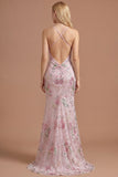 Floral Pink Appliqued Sheath Halter Neck Long Prom Dress