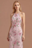 Floral Pink Appliqued Sheath Halter Neck Long Prom Dress
