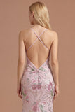 Floral Pink Appliqued Sheath Halter Neck Long Prom Dress