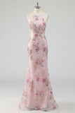 Floral Pink Appliqued Sheath Halter Neck Long Prom Dress