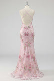 Floral Pink Appliqued Sheath Halter Neck Long Prom Dress