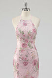 Floral Pink Appliqued Sheath Halter Neck Long Prom Dress