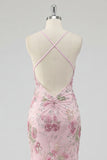 Floral Pink Appliqued Sheath Halter Neck Long Prom Dress
