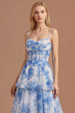 White Blue Floral Tiered Spaghetti Straps A Line Long Prom Dress