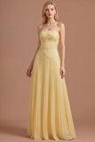 Yellow A Line Strapless Pleated Floral Appliqued Long Prom Dress