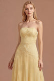 Yellow A Line Strapless Pleated Floral Appliqued Long Prom Dress