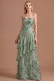Sage Green Floral A Line Appliqued Spaghetti Straps Long Prom Dress