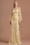 Yellow Floral Off the Shoulder Sheath Appliqued Long Prom Dress