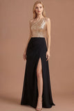 Gold and Black One Shoulder Ruched A Line Long Prom Dress with Slit