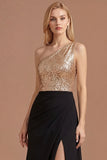 Gold and Black One Shoulder Ruched A Line Long Prom Dress with Slit
