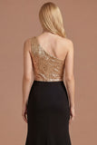 Gold and Black One Shoulder Ruched A Line Long Prom Dress with Slit