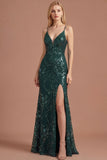Dark Green Floral Sheath Spaghetti Straps Sparkly Sequined Long Prom Dress with Slit