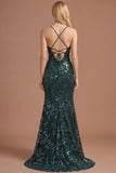 Dark Green Floral Sheath Spaghetti Straps Sparkly Sequined Long Prom Dress with Slit