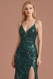 Dark Green Floral Sheath Spaghetti Straps Sparkly Sequined Long Prom Dress with Slit